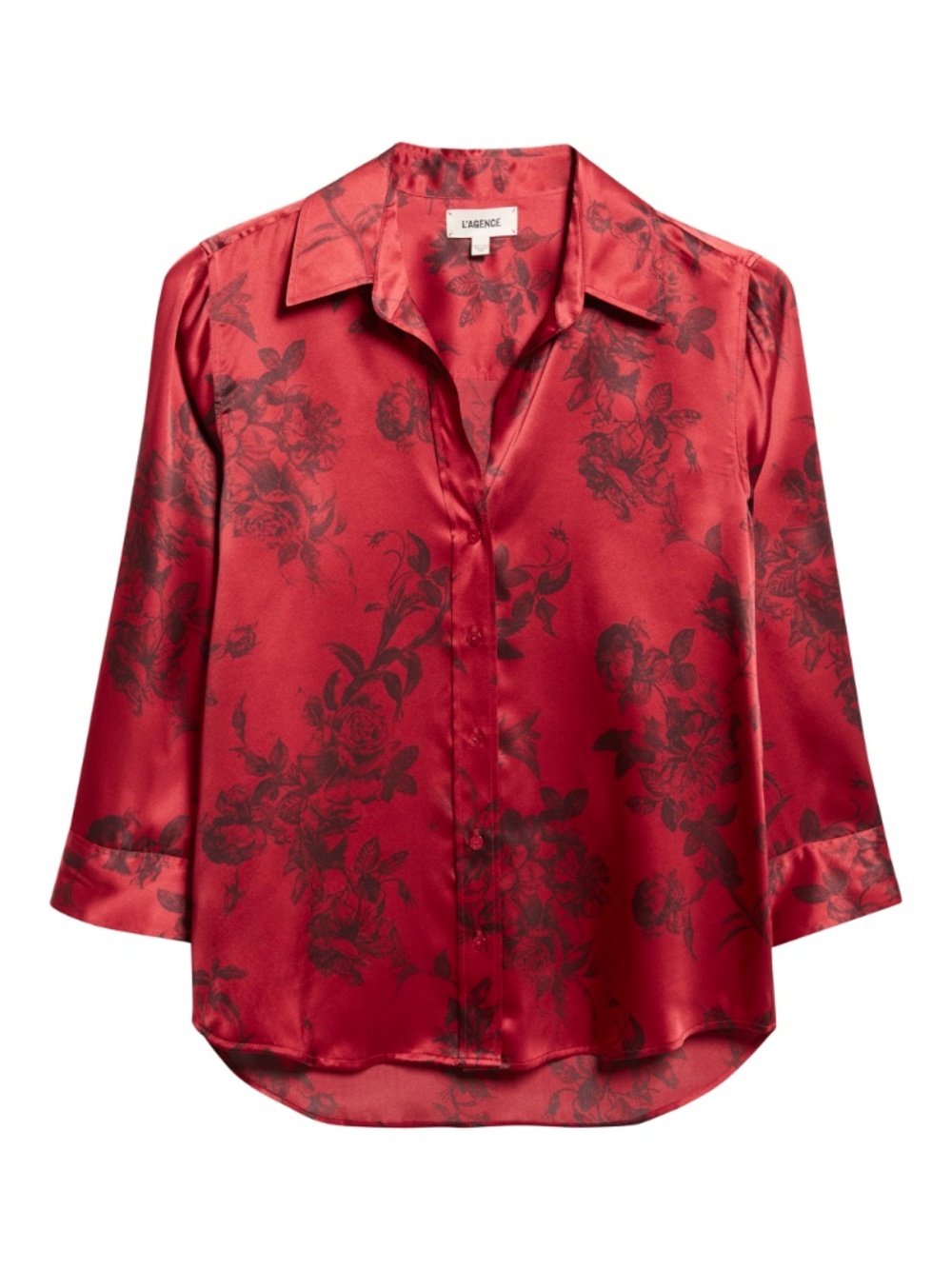 L'AGENCE Dani 3/4 Sleeve Silk Blouse in Burgundy Red Painterfly Flower Small S